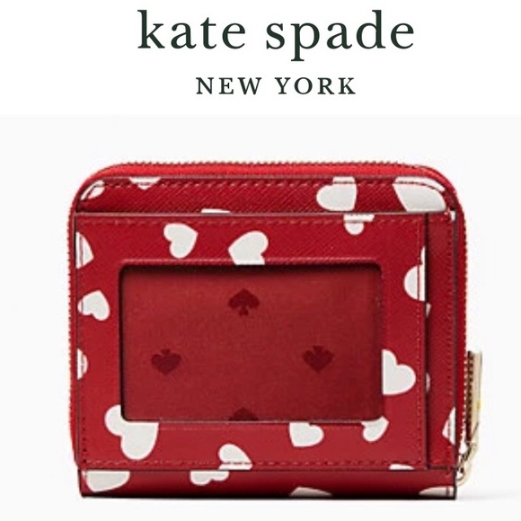 NWT-Kate Spade-Staci-Red & White-Heart Pop Print-Sm Zip Bifold Wallet-Boxed-$139 - Picture 11 of 13